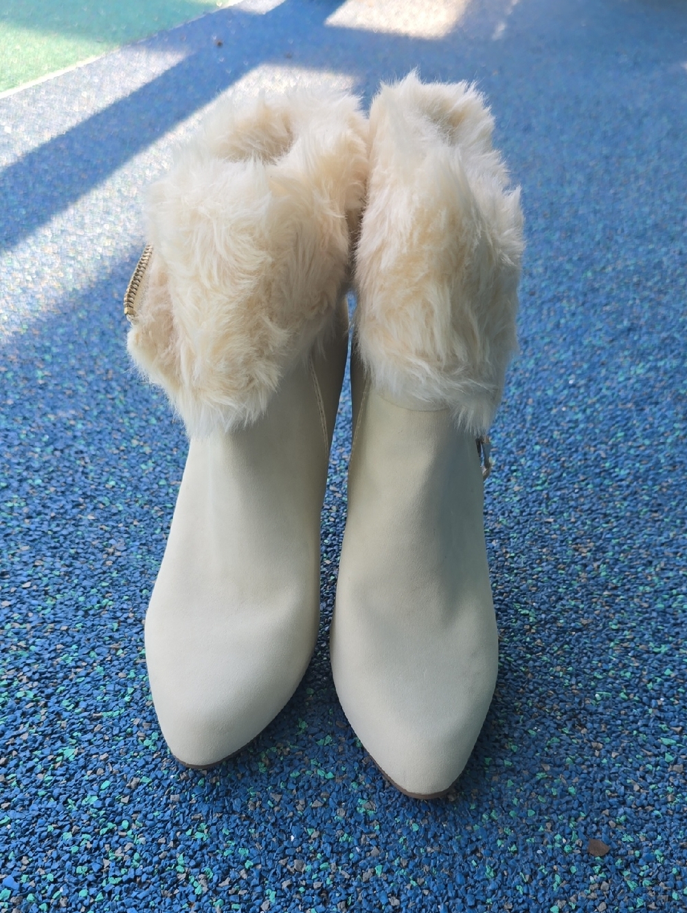 Jennifer Lopez Cream Faux-Fur Cuff Ankle Booties